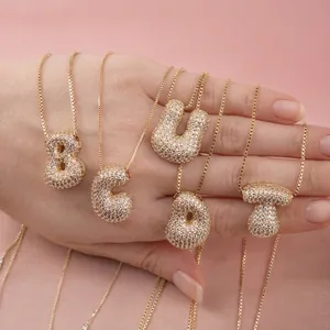 Bubble Letter Pendant Necklace Copper Cubic Zirconia Inlaid 3D Chubby Alphabet Fashion Jewelry For Women Men