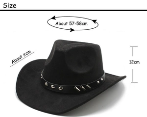Detailed size guide for black faux suede cowboy hat with rivet band measurements