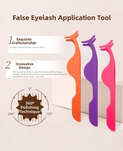 Three colorful stainless steel eyelash tweezers for magnetic lashes on white blocks