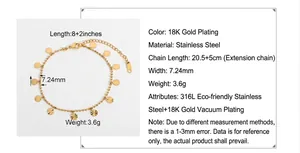 Detail showing 18K gold plated stainless steel anklet with beaded petal disc pendants