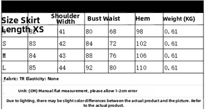 Size chart for sleeveless mini dress with shoulder pads and pleated details in CM and KG