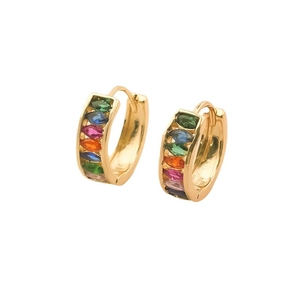 Chic gold brass geometric C-shaped hoop earrings with colorful inlaid rhinestones