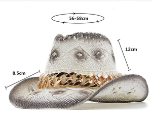 Chapeau de cowboy en paille avec chaîne dorée et bord dégradé pour protection solaire