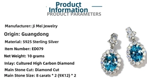 S925 sterling silver earrings with 8ct oval blue aquamarine stones and pavé diamonds