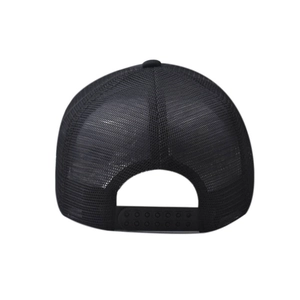 Detail of black trucker hat showing the mesh back and adjustable snapback closure