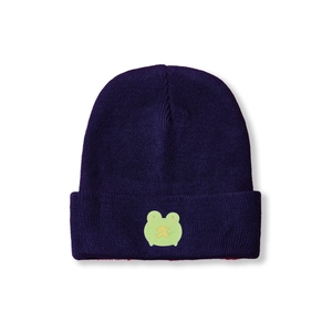 Detail of navy knit beanie featuring a green frog embroidery with a yellow star