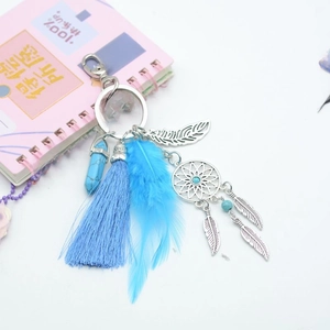 Macro detail of bohemian keychain with turquoise beads, blue feather and silk tassel charm