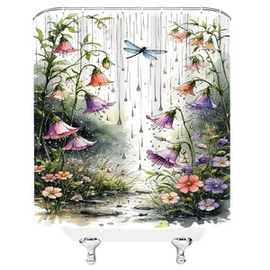 Waterproof floral shower curtain with watercolor flowers and a dragonfly in rainy garden