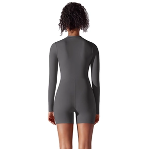 Slim fit dark grey long sleeve athletic bodysuit with zip collar and back seam detail