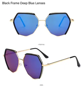 Vues de face et de profil de lunettes de soleil hexagonales noir et or avec verres bleus