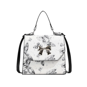 Contrast butterfly print handbag with silver bow buckle and adjustable shoulder strap