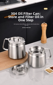 Detailed view of 304 stainless steel oil strainer pot with fine mesh filter and ergonomic handle