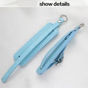 Light blue PU leather keychain strap with white contrast stitching and silver metal hardware