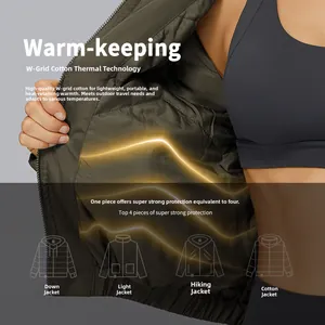 Detail of green thermal jacket lining with W-shaped heat-trapping grid technology fabric