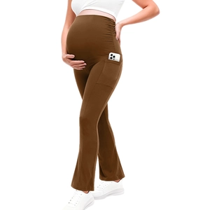 Detail view of maternity flare pants with high waist support and functional side pockets