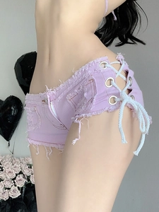 Pantaloncini denim sexy a vita bassa lavanda con allacciatura laterale e occhielli