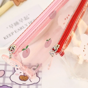 Minimalist transparent PVC pencil case with cute pink peach and bear prints and charms
