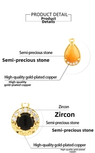 Close-up of gold-plated pendant with orange teardrop stone and black round zircon inlay