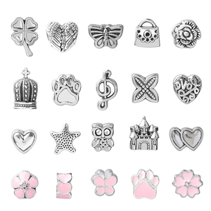 Collection of 20 silver alloy DIY charm beads with pink enamel heart and animal designs