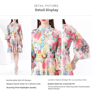 Détail de la dentelle florale sur robe rétro à col montant et manches lanternes