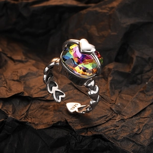 Vintage silver open ring with rainbow zircon heart links and polished S925 engraving