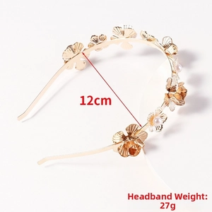 Detail view of gold floral headband showing 12cm diameter and 27g weight measurement