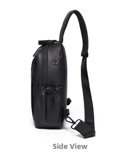 Detail view of the black waterproof chest bag featuring a side pocket and swivel hook