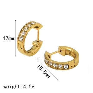 Golden stainless steel hoop earrings with clear crystals and 17mm size specifications