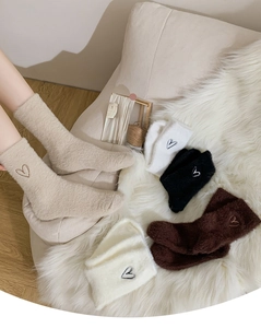 Thick plush mink fleece socks with embroidered heart patterns in four neutral colors