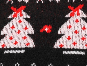 Macro view of high-quality Christmas tree jacquard knit texture in black white and red