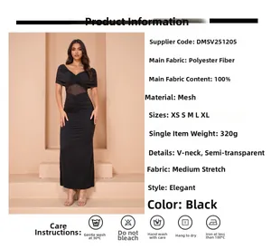 Detail of elegant black V-neck evening dress with mesh patchwork and sizing parameters