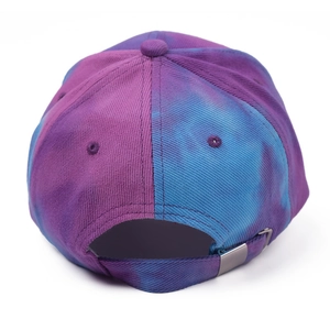Tie-dye baseball cap in purple and blue with an adjustable metal buckle on the back
