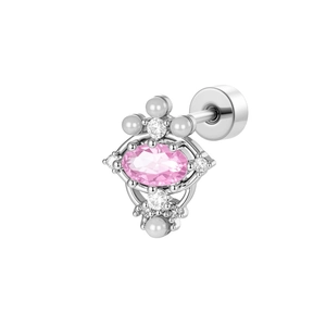 Luxurious egg-shaped pink zircon and pearl cartilage stud earring with screw back
