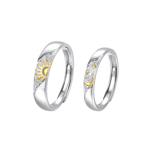 Elegant S925 sterling silver adjustable sun and moon couple rings with gold accents