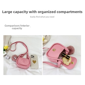 Pink mini crossbody bag interior showing storage for phone, lipstick, and makeup items