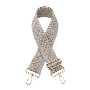 Close-up of jacquard ethnic guitar strap with light blue geometric pattern and gold hardware