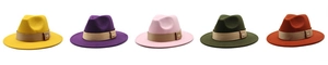 Detailed row of wide brim wool fedora hats with bee buckle in various vibrant colors
