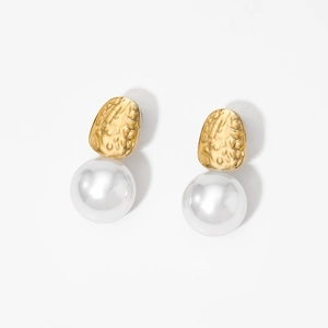 French vintage 316 stainless steel earrings with irregular gold texture and pearl drop