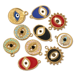 Set of ten colorful enamel Evil Eye pendants in gold-plated stainless steel for DIY jewelry