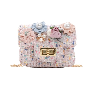 Mini tweed crossbody bag for girls with pastel fabric flowers and golden chain strap