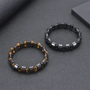 Double layer matte obsidian and tiger eye stone magnetic therapy elastic bracelets