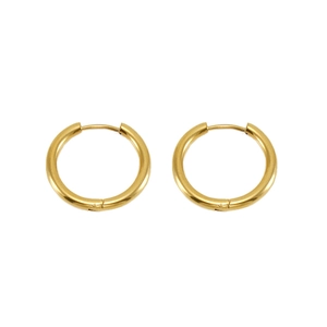 Detail view of round 18K gold-plated stainless steel hoop earrings with polished finish