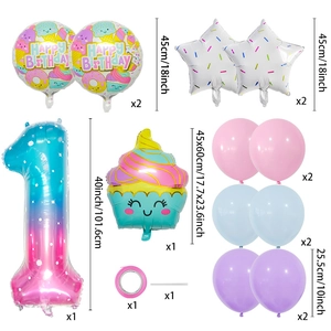 Ice cream birthday balloon set with number 1, cupcake foil balloon and macaron latex balloons