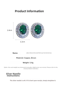Detailed size view of green zircon oval earrings with dimensions 1.4cm x 1.2cm