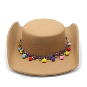 Ethnic Western cowboy hat in khaki felt with colorful bohemian tassels and beaded trim