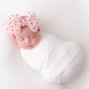 Pink and white mesh bow headband with red hearts for newborn babies and infants