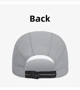 Back view of grey breathable sports cap with adjustable strap and reflective strip