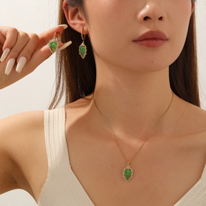 Leaf Pendant Necklace And Earrings Jewelry Stainless Steel Copper Cat Eye Stone Rhinestone Hollow Elegant For Women