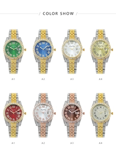 Detail showing various colors of luxury women's quartz watches with rhinestone bezel