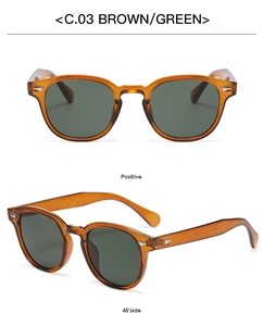 Vues de face et de profil à 45 degrés de lunettes de soleil rondes vintage marron et vert
